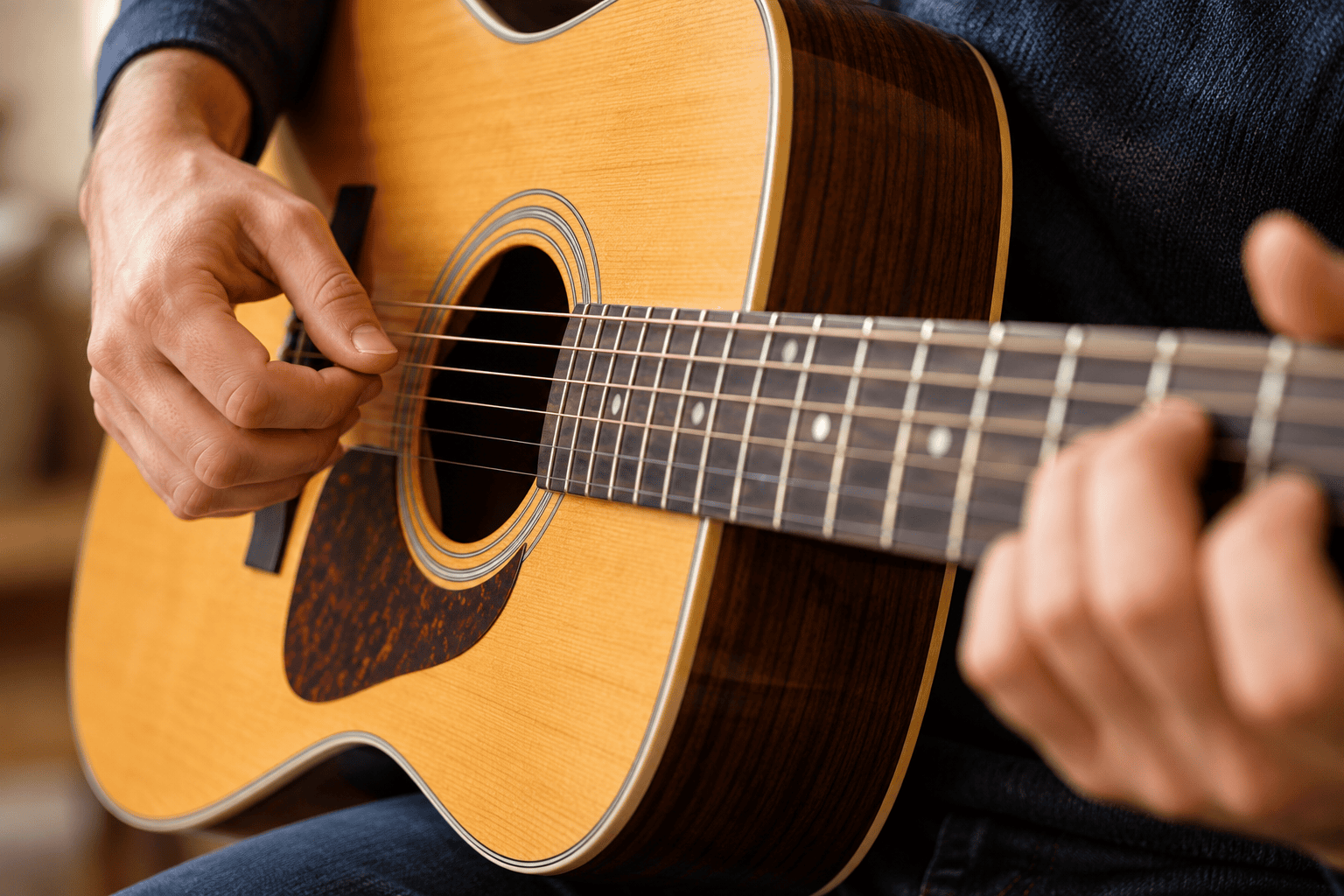Handen oefenen akkoorden op een akoestische gitaar