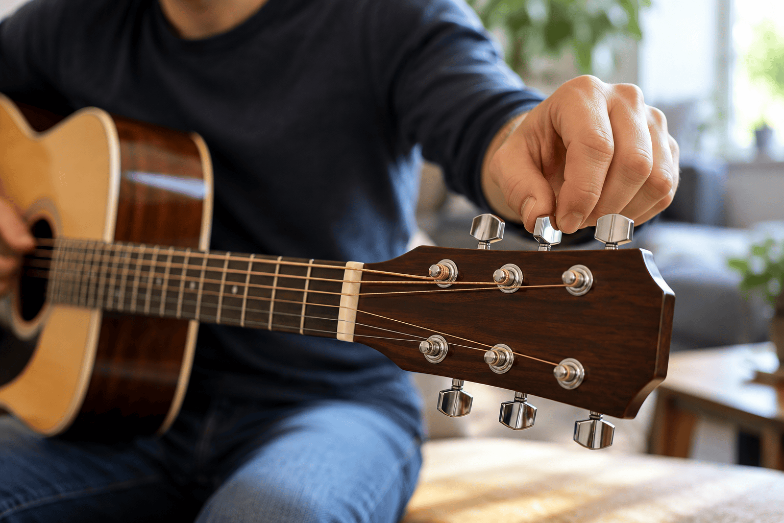Hand draait een stemmechaniek van een akoestische gitaar